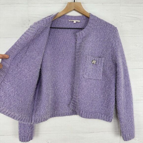 Maje Purple Cardigan Size 1 Small Lurex Knit Pearl Cluster‎ Buttons Ballet Core - Picture 7 of 16